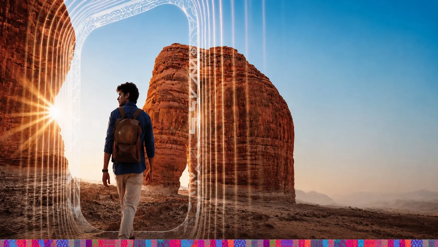 Traveller walking towards Elephant Rock in Al-Ula, Saudi Arabia