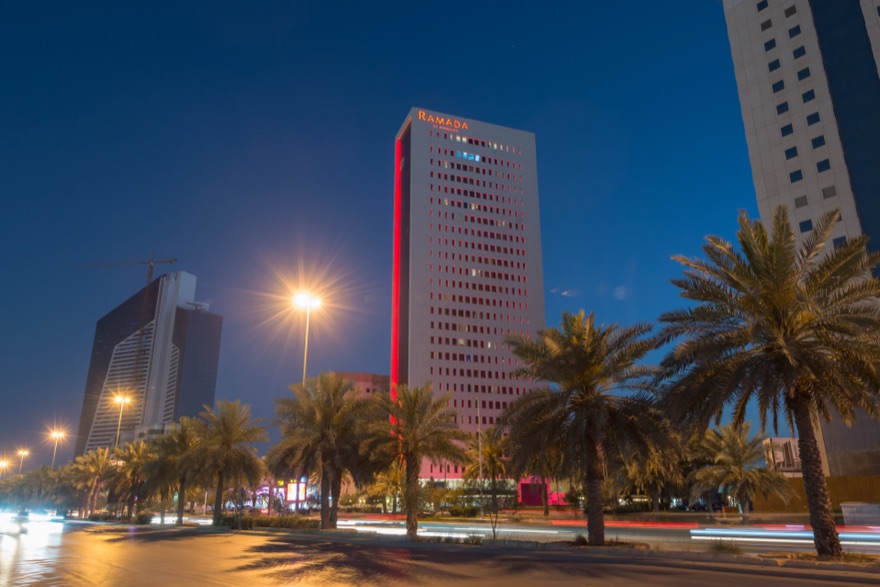 Ramada by Wyndham Riyadh tower illuminated at night